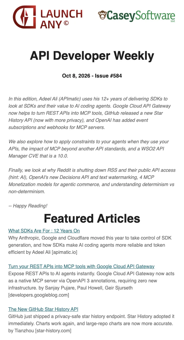 A sample edition of API Developer Weekly: an issue summary followed by featured articles with short descriptions